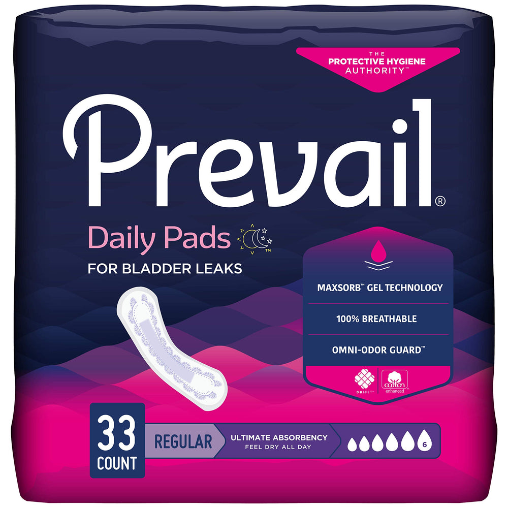 Prevail Ultimate Absorbency Pads packaging showcases discreet day-to-night protection.