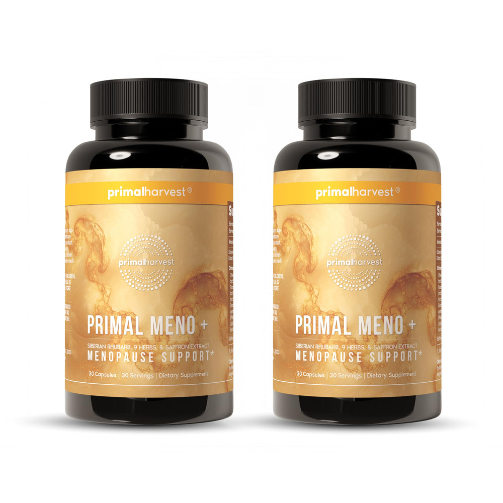 Primal Harvest Meno+ bottle with capsules for daily menopausal support