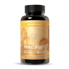Primal Harvest Meno+ bottle front shows daily menopause support in a clean label.
