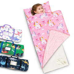 PRIMLECT toddler nap mat 55x35 with pink horse cover, ideal for travel and sleepovers.