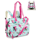 Pripher diaper bag backpack blue floral front view with spacious pockets.