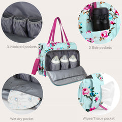 Pripher diaper bag tote blue floral back pocket view highlights easy access and compact storage