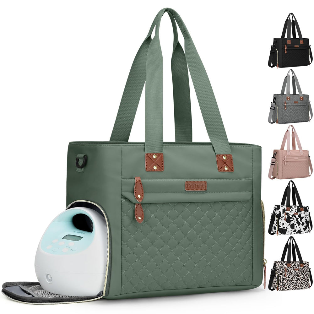 Pritent diaper bag tote front view in green showing organized compartments for quick access