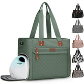 Pritent diaper bag tote front view in green showing organized compartments for quick access