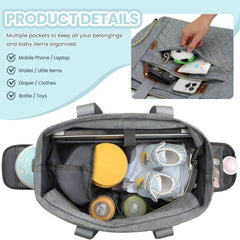 Pritent diaper bag tote features multiple pockets for swift organization.
