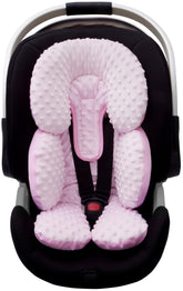 Pro Goleem infant head support close-up showing plush pink minky for cozy rides.