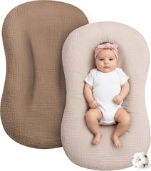 Pro Goleem muslin lounger cover brown in neutral nursery, breathable fabric for infant comfort.