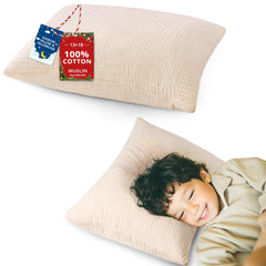 Pro Goleem toddler pillow with muslin pillowcase offers breathable, skin-friendly comfort for naps