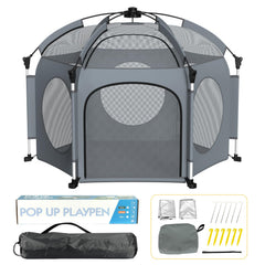 PRObebi pop up playpen in gray setup for easy indoor playtime