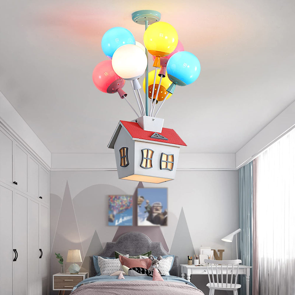 PSXPSXO Kids House Shape Ceiling Light with colorful balloons brightens a playful kids' room.