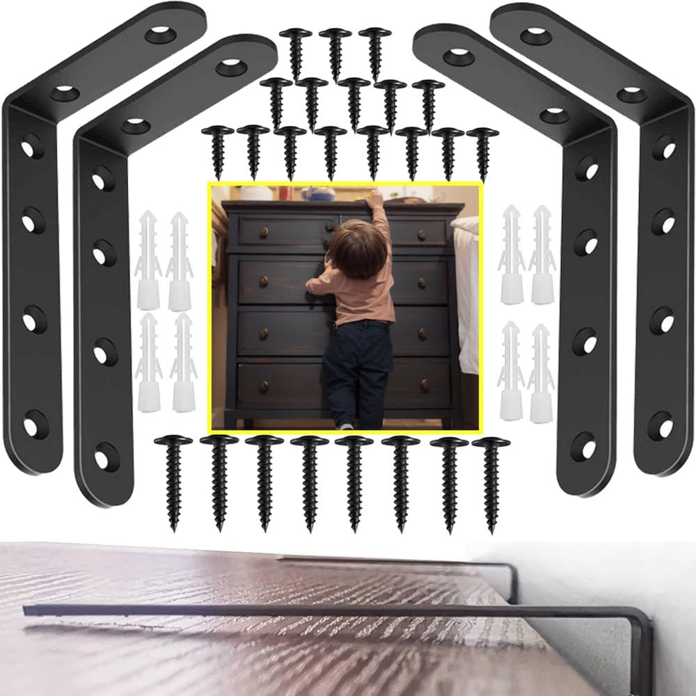 PTKSZGT furniture anchors 4-pack brackets securing a shelf to wall for child safety.
