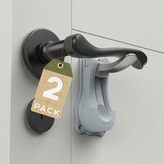 PUGED baby-proof door handle lock in gray, two-pack, secured on a lever for safety.
