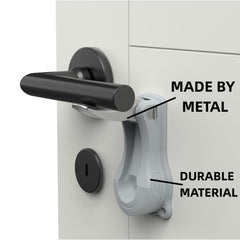 Close-up of PUGED lever lock installation on a door lever in gray.