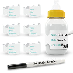 Pumpkin Doodle write-and-reuse bottle labels set with a snug, grippy fit for daycare bottles.