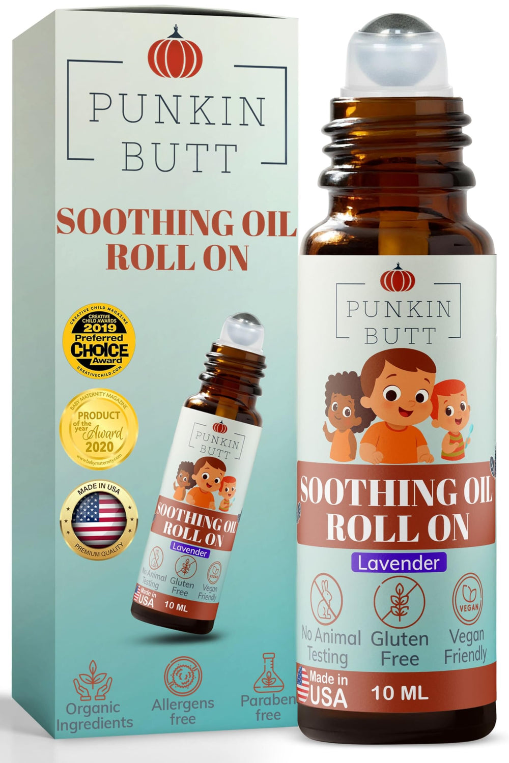Punkin Butt Lavender Soothing Oil roll-on on jawline for teething calm.