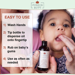 Punkin Butt Teething Oil gums-application demonstrates quick, gentle gum massage for babies.