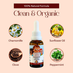 Punkin Butt teething oil organic ingredients list shows chamomile, clove and peppermint.