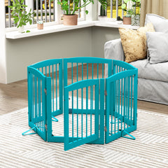 Blue PUPETPO gate spans 120 inches, ideal for wide doorways and room dividers.