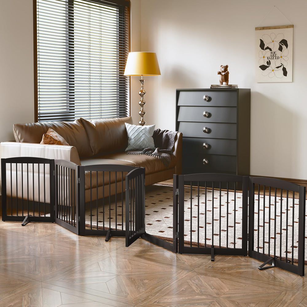 PUPETPO freestanding pet gate with walk-through door for easy access and containment.