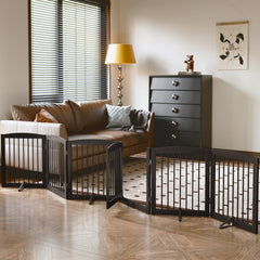PUPETPO freestanding pet gate with walk-through door for easy access and containment.