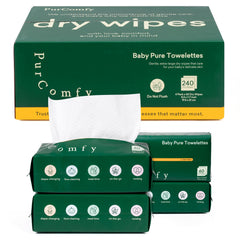 PurComfy Baby Dry Wipes package shows 240-count for newborn care.