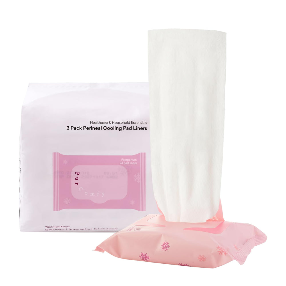 PurComfy Perineal Cooling Pad Liners packaging highlights full-size postpartum coverage.
