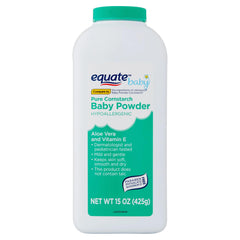 Pure Equate cornstarch baby powder soft texture close-up.