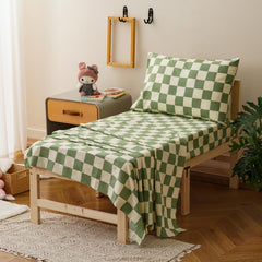 Pureant Green Plaid toddler bedding pillowcase close-up with gentle-touch fabric