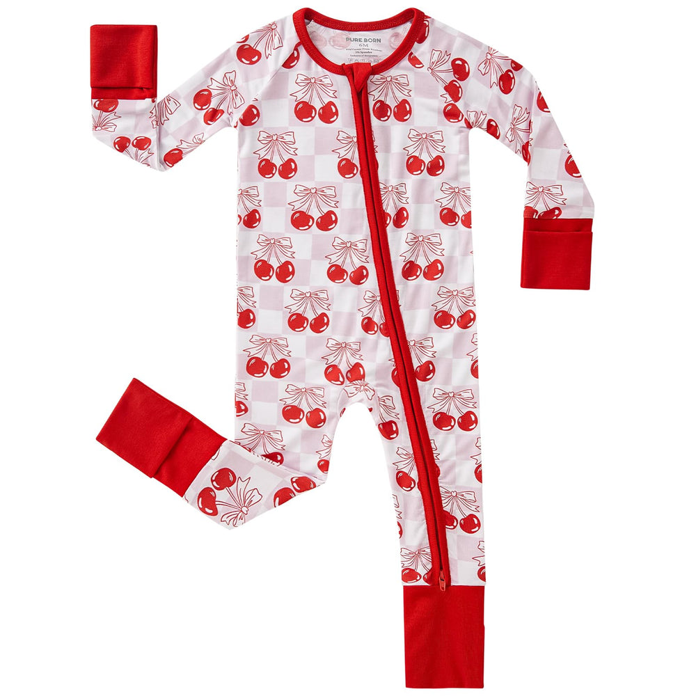 Pureborn baby girls sleeper in cherry shows soft bamboo fabric for gentle skin contact