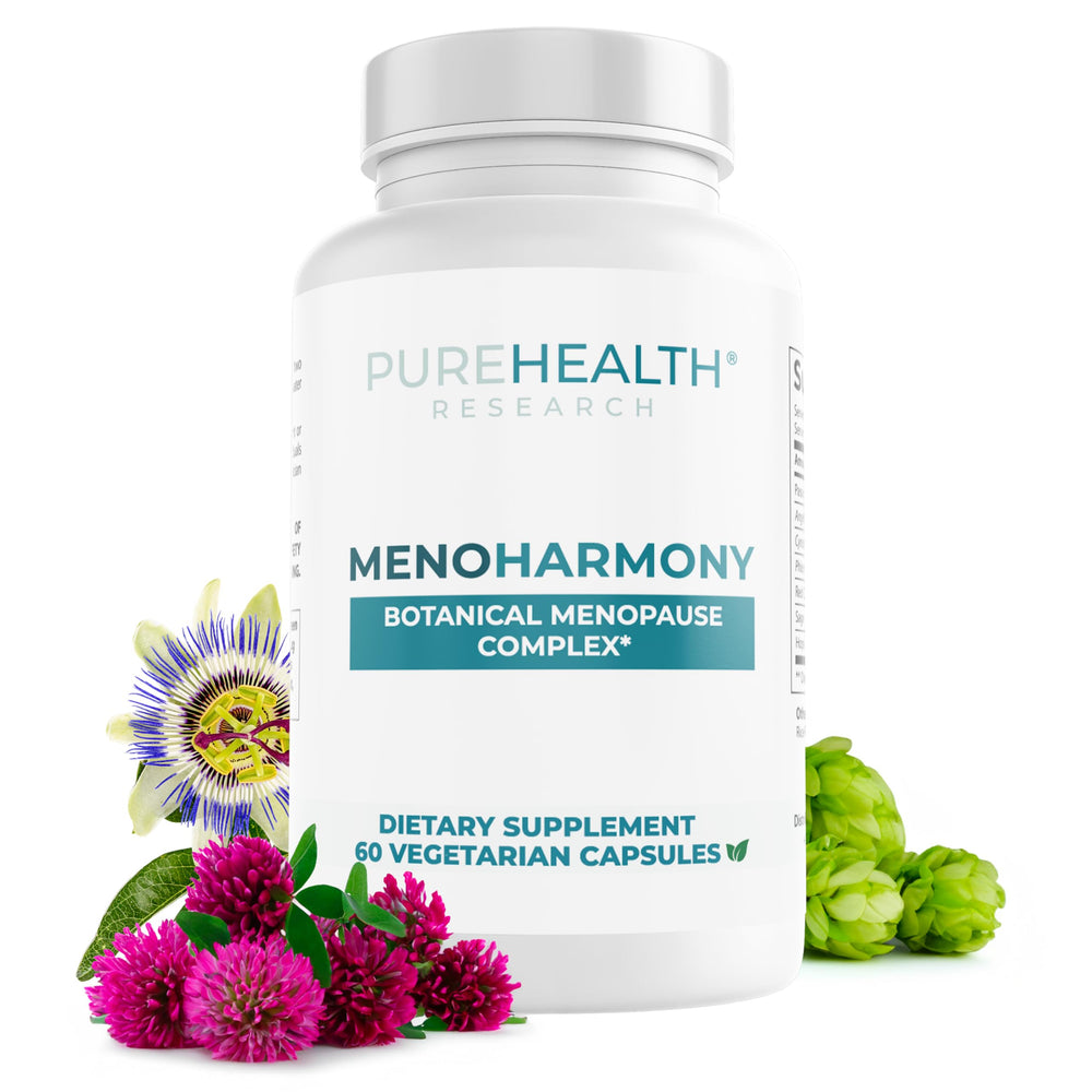 PUREHEALTH RESEARCH MenoHarmony bottle and label promoting hormone balance