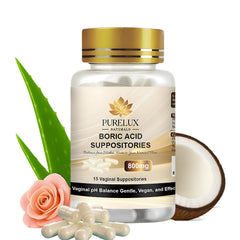 PureLux Naturals boric acid capsules packaging promotes daily balance and freshness.