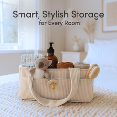 PUTSKA diaper caddy on changing table keeps wipes and creams within reach
