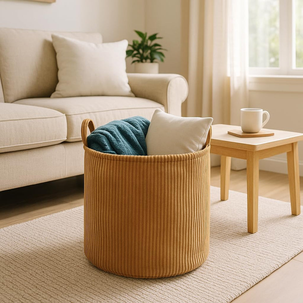 PUTSKA blanket basket in round brown corduroy for tidy storage