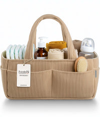 PUTSKA corduroy diaper caddy with three compartments keeps wipes and creams organized