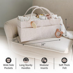 PUTSKA nursery storage basket with six pockets organizes wipes and creams for quick access.