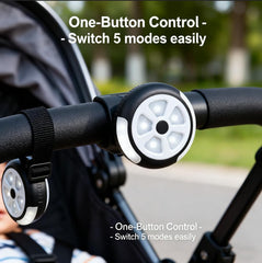 Pwysara strap-on stroller light demonstrates quick attachment for on-the-go use.