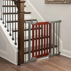 QDOS mahogany gate with push-to-close indicator for quick lock verification.
