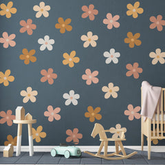 Qeeenar nursery decor with daisy stickers adding playful charm.