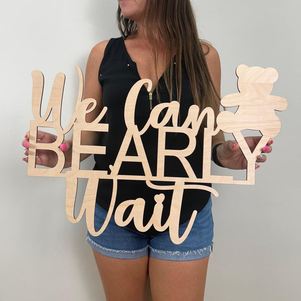 QENWWENG We Can Bearly Wait wood sign as a charming baby shower backdrop for photos
