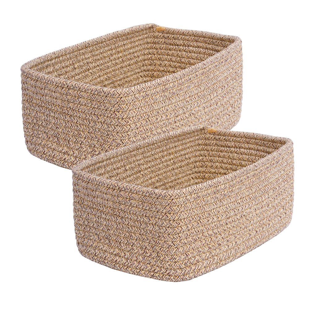 QFLQFL Small Woven Storage Basket on a shelf for tidy books and essentials.