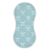 Qinllo muslin burp cloth flat lay with teal ribbon bow for quick burp coverage