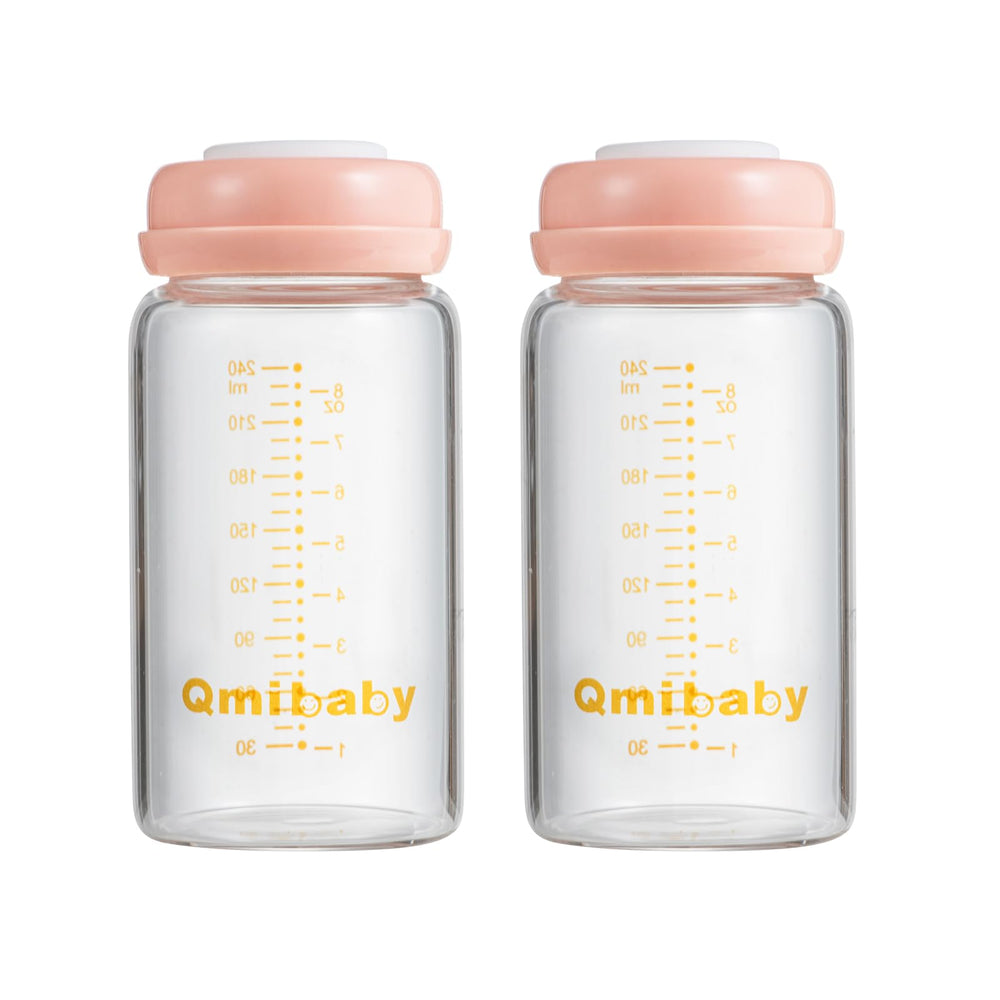 Qmibaby breast milk bottle pink 240ml wide-neck ready for pumping and storage.