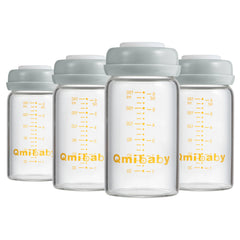 Qmibaby glass breastmilk bottle 180ml showing clear measurement scale for accurate storage