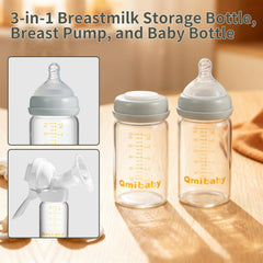 Qmibaby wide-neck bottle ready to fit pumps for seamless pumping and storage