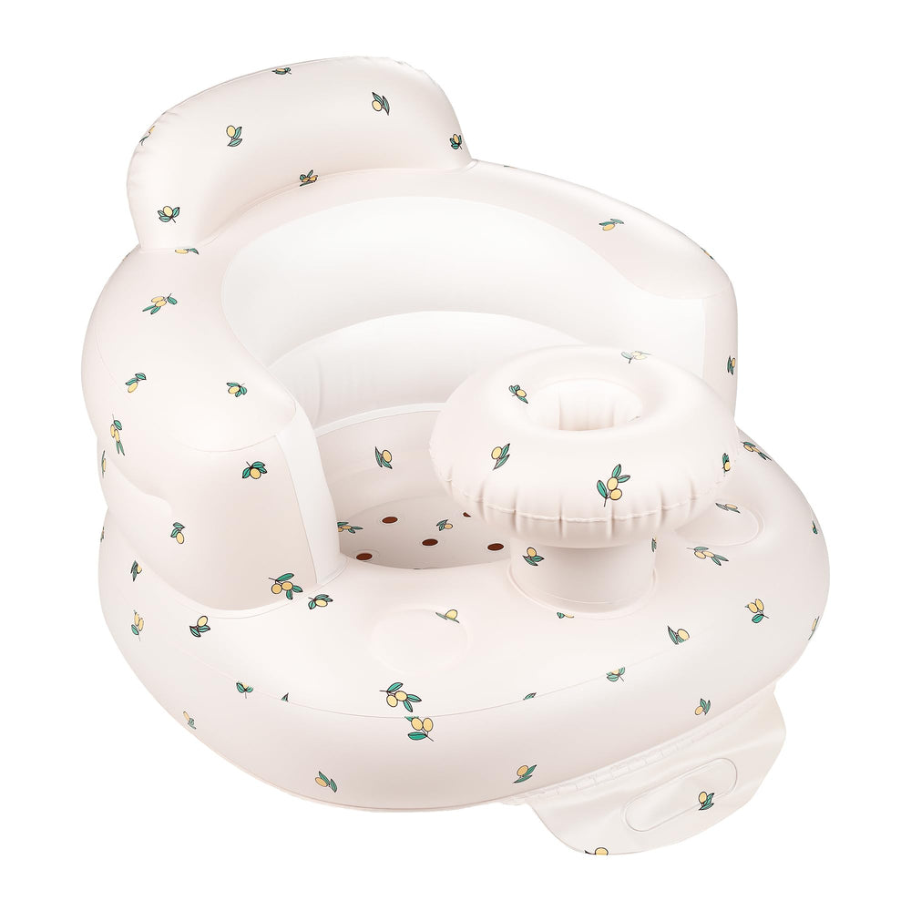 QMVESS inflatable baby seat with tray in Olive for on-the-go meals.