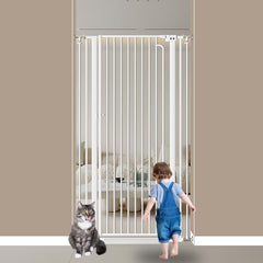 Qonimm 57-inch extra tall cat gate spans a doorway and blocks large pets safely.
