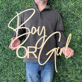 QPARTYFIRE boy or girl sign backdrop on wood enhances baby shower photos