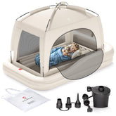 QPAU inflatable toddler bed tent assembled for a cozy travel setup.