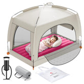 QPAU inflatable toddler bed with tent setup for travel and play