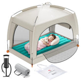 QPAU inflatable toddler bed with tent setup for travel and sleep